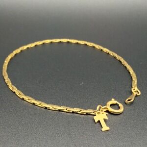 Vintage Crown Trifari Classic 2mm Gold Tone Flat Link Bracelet Letter T Charm 7"
